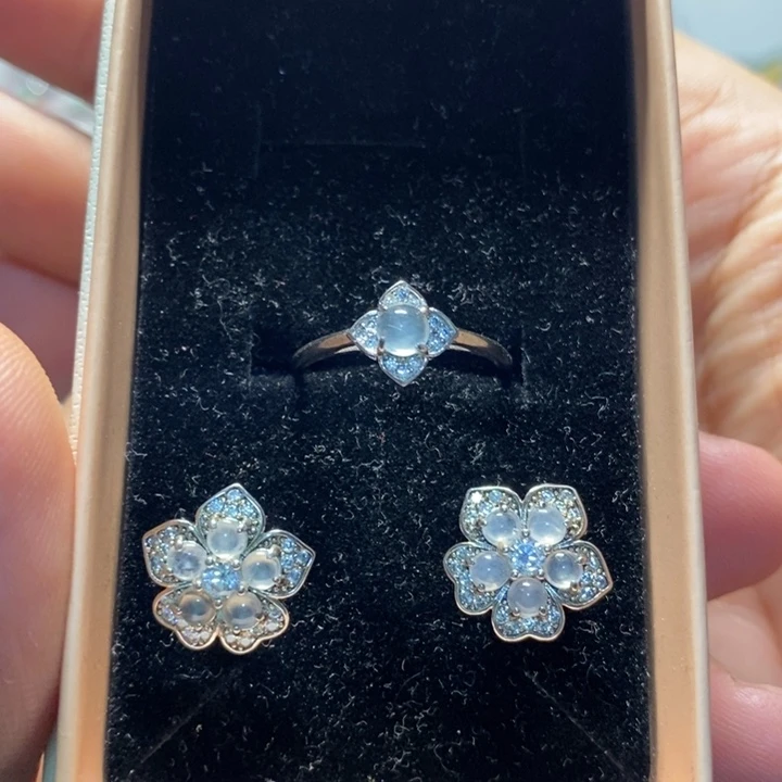 翡翠银S925镶嵌戒指天然缅甸翡翠A货戒指耳钉组合