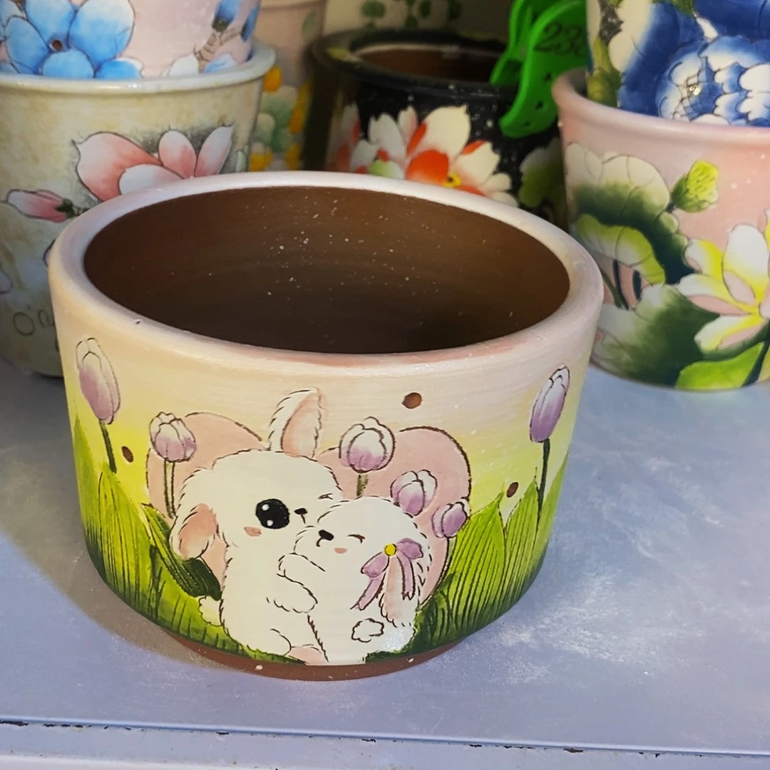 紫砂花盆红陶手绘花盆
