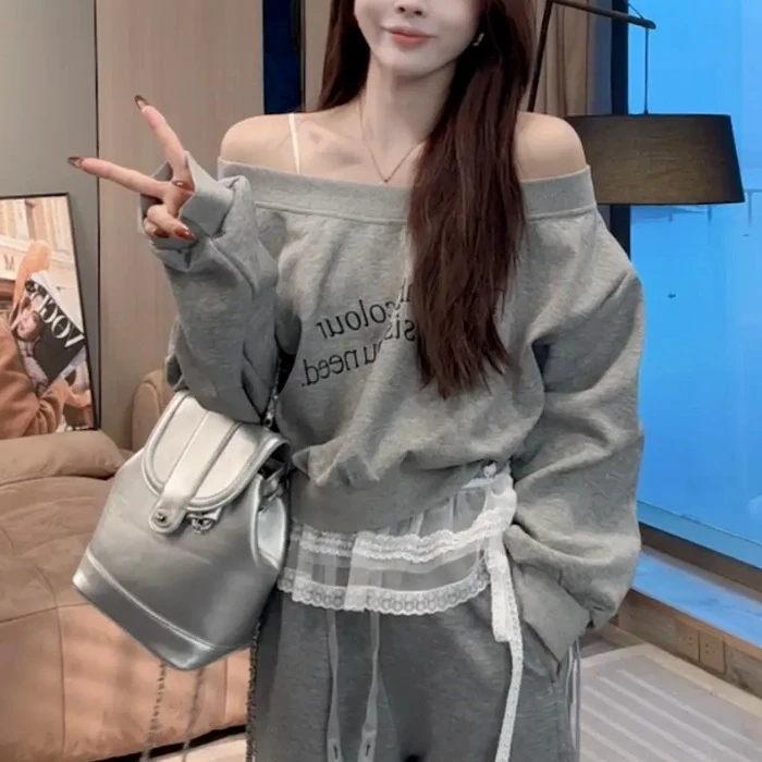 2025春季韩版套头显瘦印花字母卫衣+阔腿裤高腰休闲裤透气卫裤