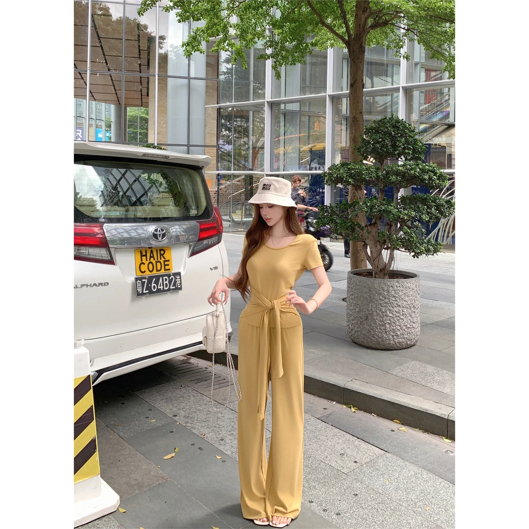 实拍～简约高弹针织T恤披肩宽松阔腿裤女遛弯套装夏季裤子上衣长裤