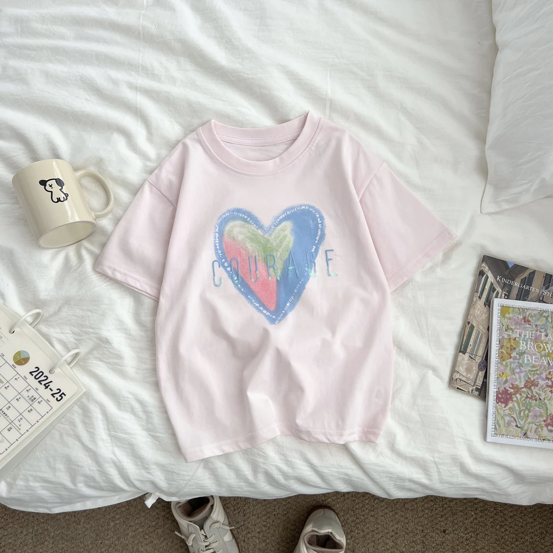 小菲特夏季新款女童爱心印花亮片短袖t恤女宝宝薄款半袖QQYX51401