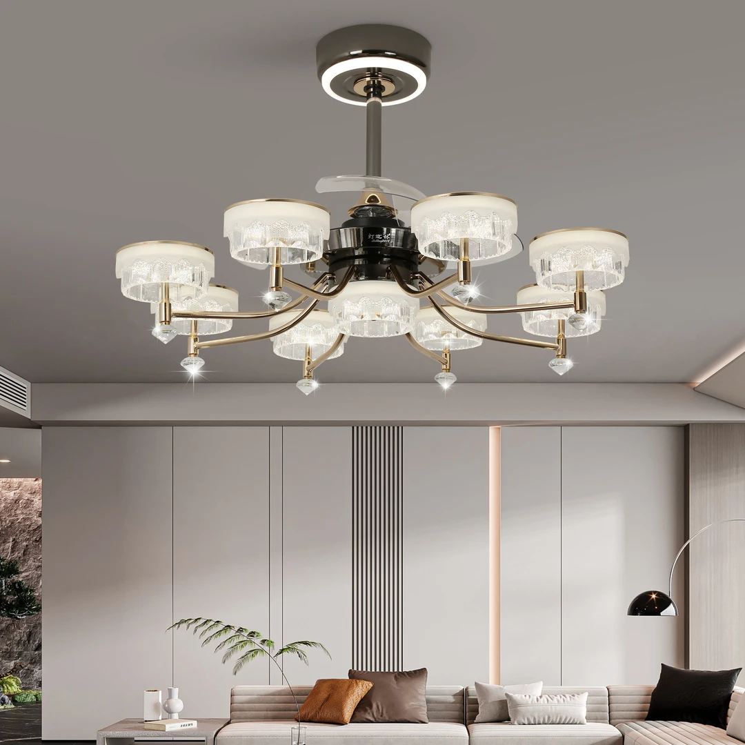 风扇灯中山灯具餐厅现代北欧简约家用客厅餐厅卧室隐形水晶吊扇灯