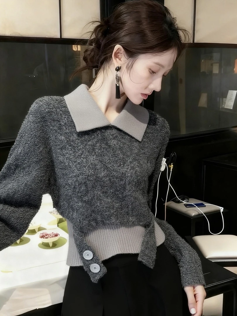 韩系灰色假两件翻领修身气质毛衣女秋冬高级感超好看软糯针织上衣