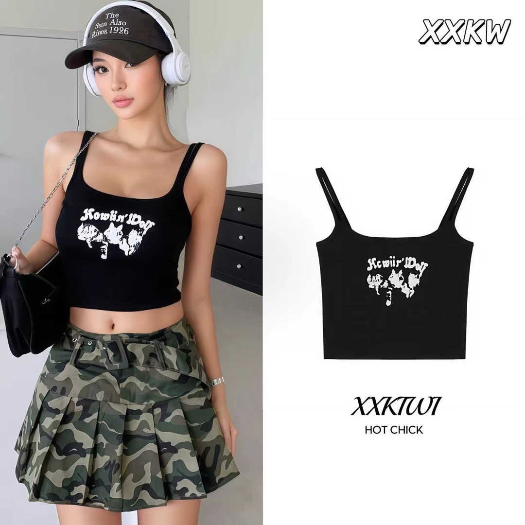 ♡XXKIWI♡短款吊带背心女夏季ins修身印花甜酷辣妹内搭上衣外穿潮
