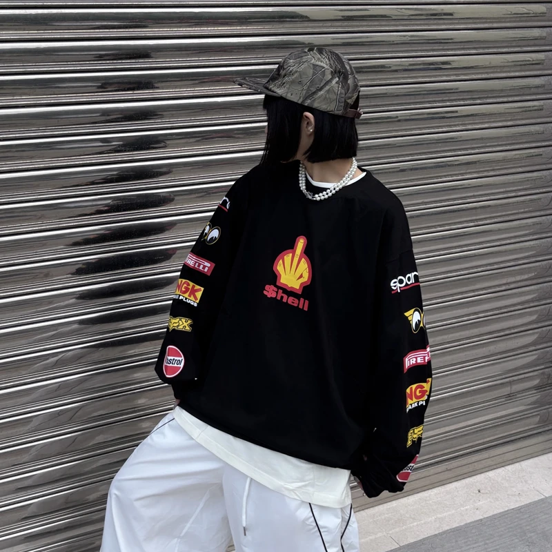 品牌潮牌重磅300g机车LOGO打底长袖t恤男女同款街舞嘻哈