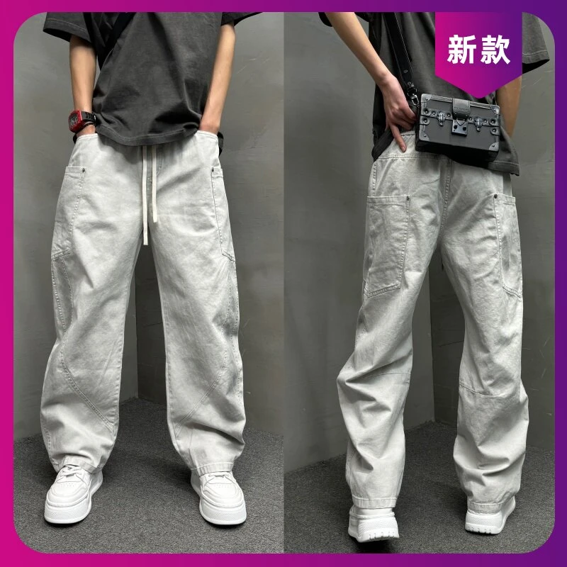 春季宽松弯刀裤暖阔腿裤牛仔裤男士2025美式大码做旧复古青年百搭