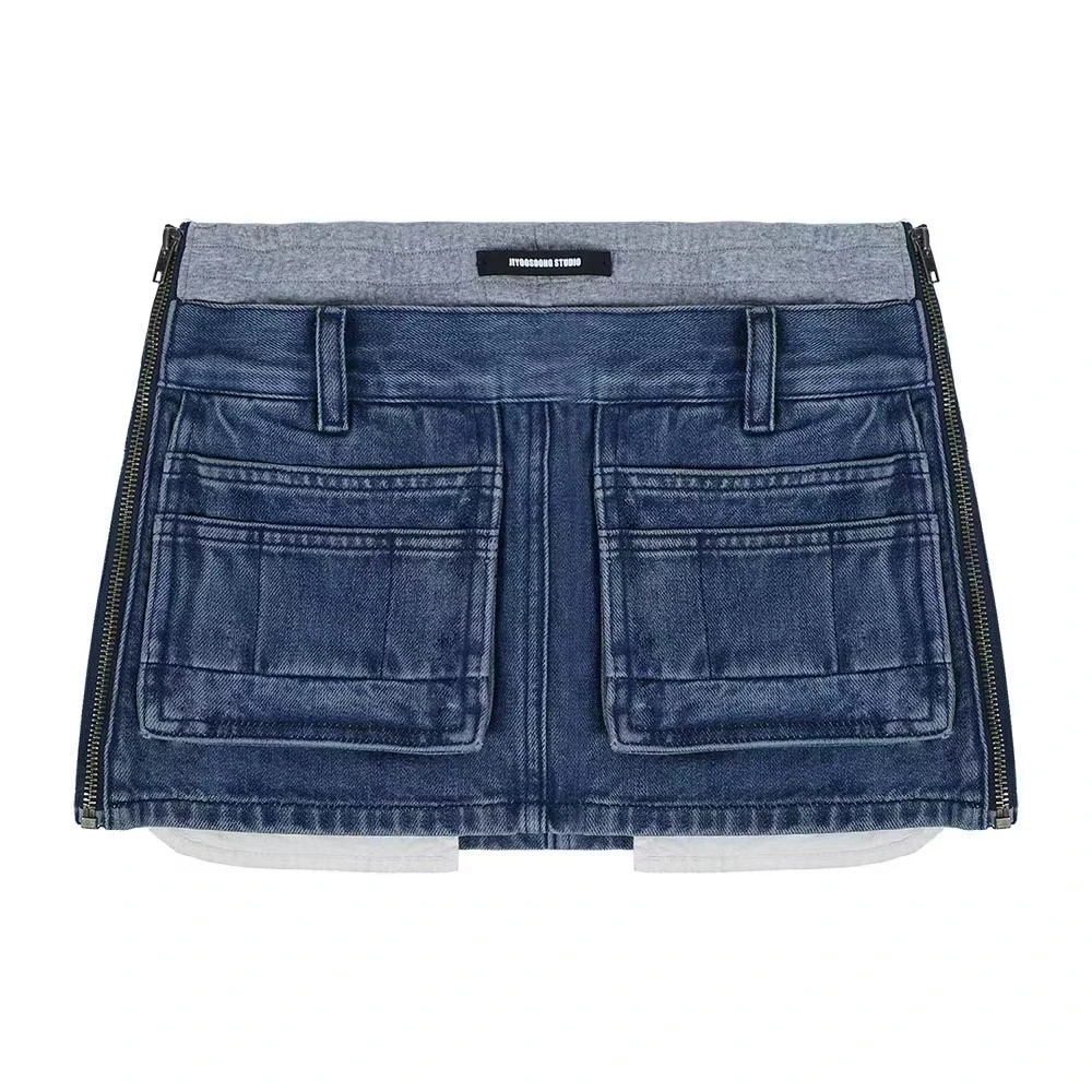 ALIN 25早春新款 口袋 拉链 带安全裤 时髦 辣妹 卡跨牛仔裙