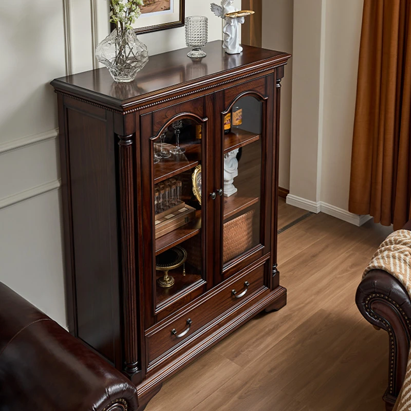 核桃木美式双门酒柜柜子客厅家用简约复古做旧双门酒柜双门展示柜