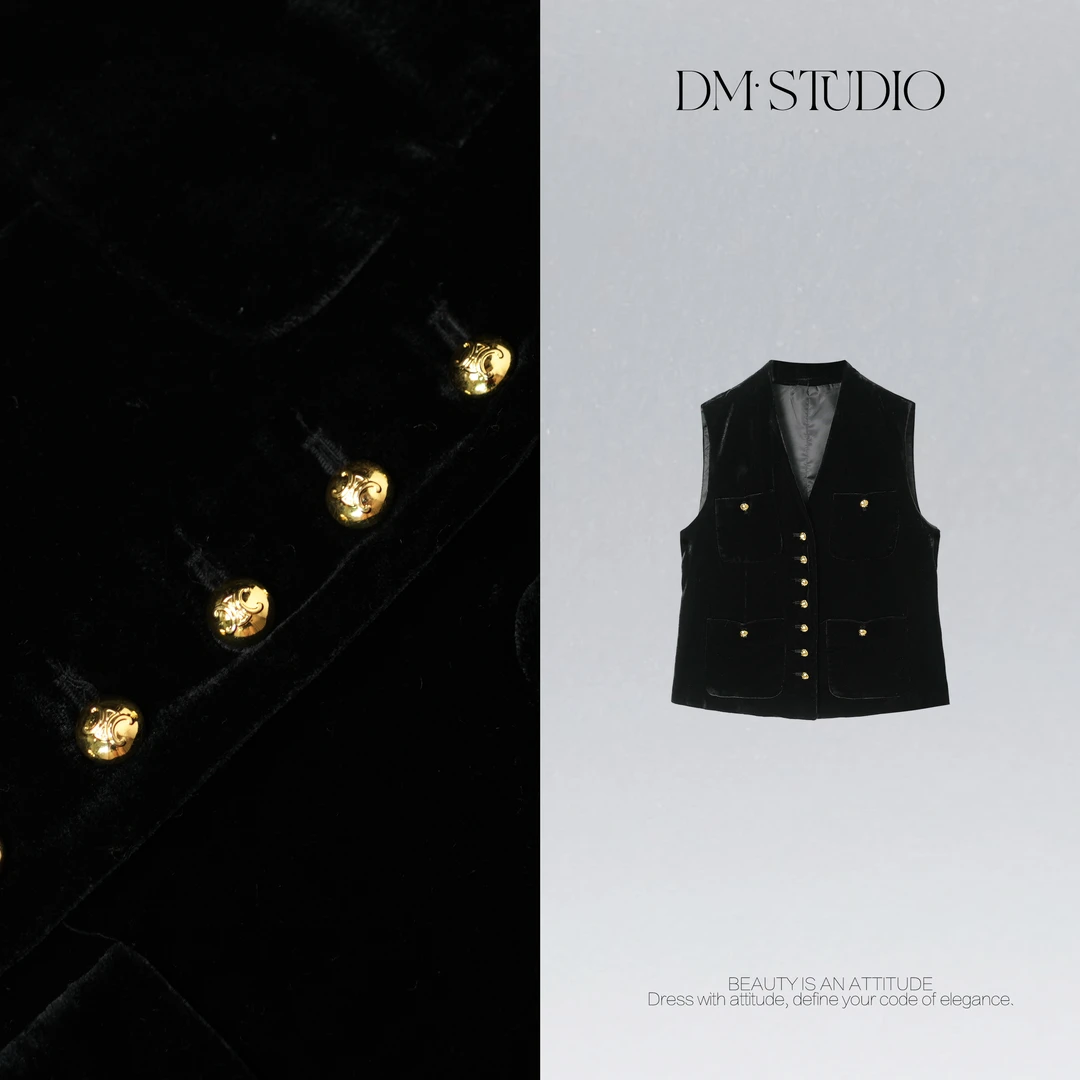 DEDM•STUDIO/精致气质小众静奢V领排扣无袖丝绒马甲2509MJ/72088