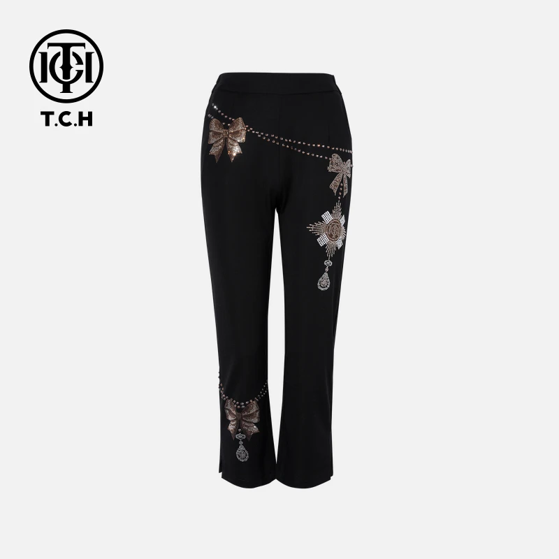 TCH私服烫钻工艺时尚百搭蝴蝶结休闲长裤女T75B20E5081轻奢tch