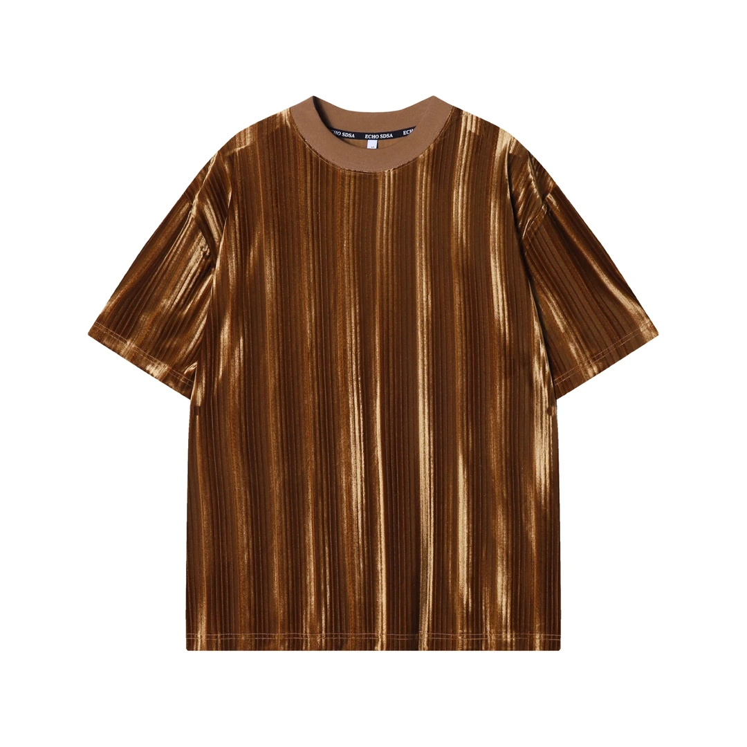 T1595新款时尚绒面条纹设计男士上衣潮流高能感休闲短袖百搭T恤