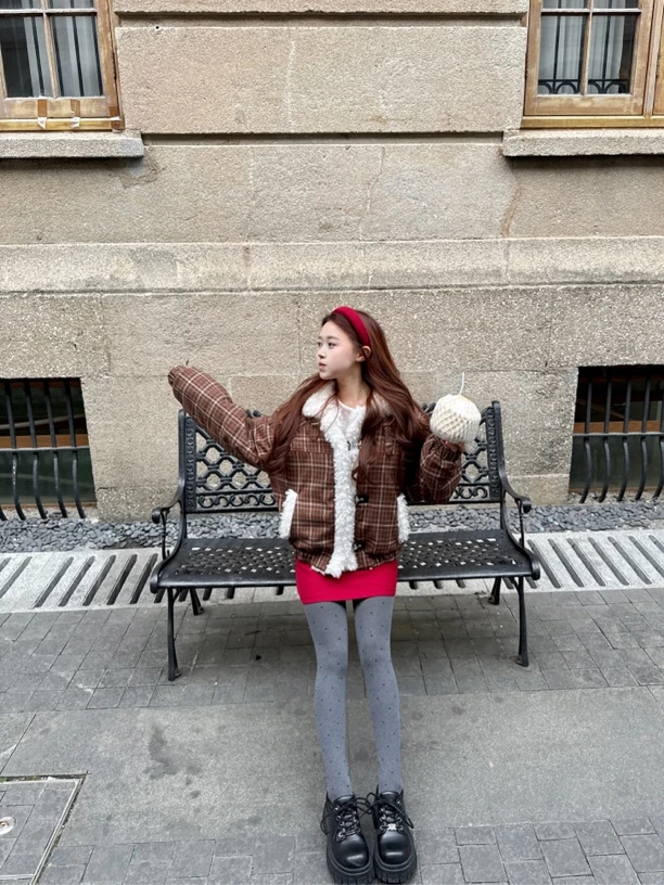 甜小宅  复古格纹毛领短款羊羔毛绒棉衣女冬季新款流行爆款厚外套