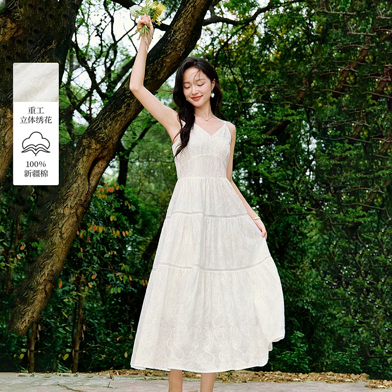 【双12提前购】茵曼夏季100%棉气质V领刺绣吊带裙显瘦蛋糕连衣裙