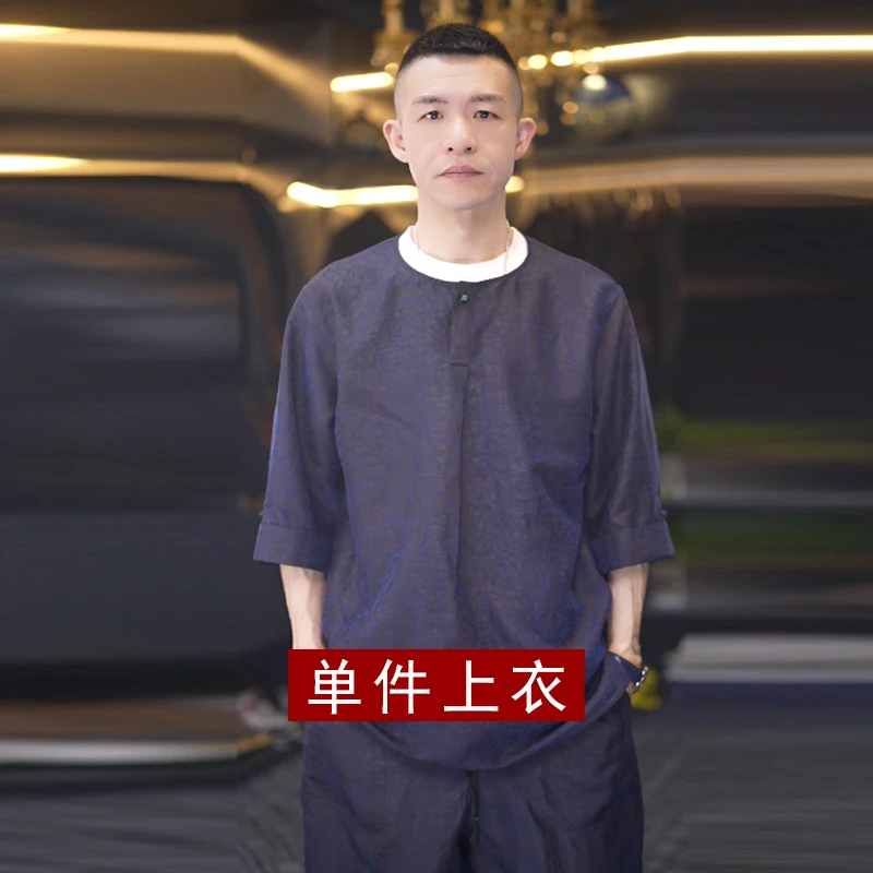 圆领香云纱桑蚕丝衬衫上衣男士短袖轻薄宽松中国风夏季休闲百搭