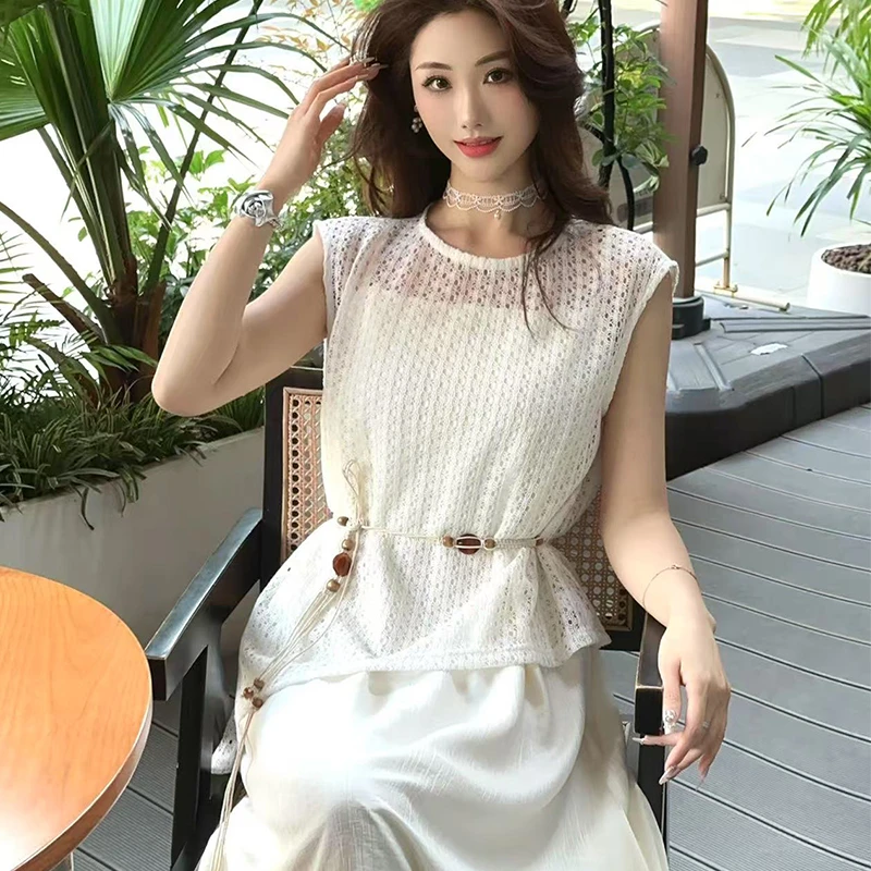 INS风波西米亚时尚套装轻熟风夏季吊带洋气蕾丝针织无袖背心镂空