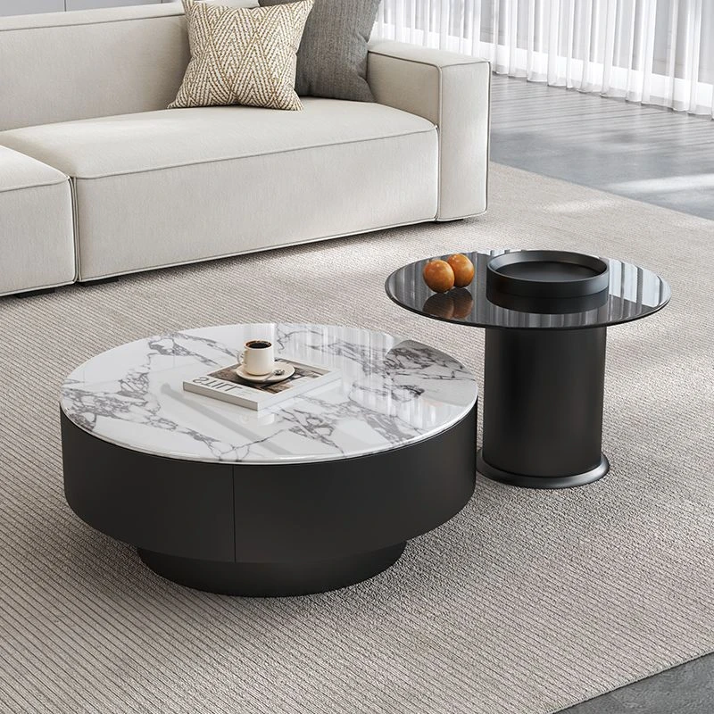 意式轻奢微晶石简约客厅新款家用小户型实木高级圆形茶桌茶几组合