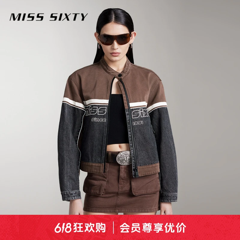 Miss Sixty牛仔拼接外套女立领短款美式百搭复古机能感