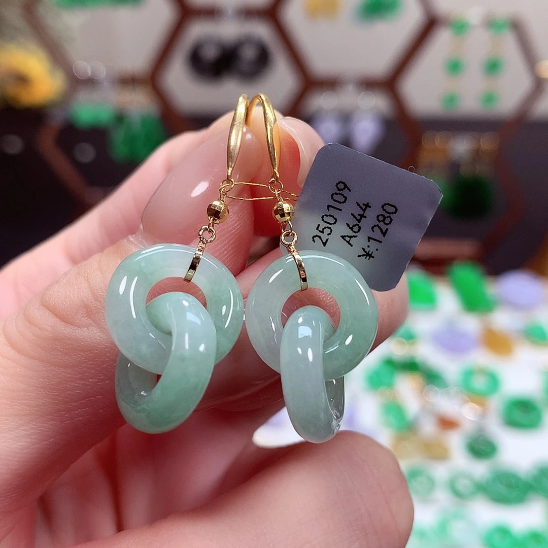 翡翠耳饰18K金镶嵌天然翡翠