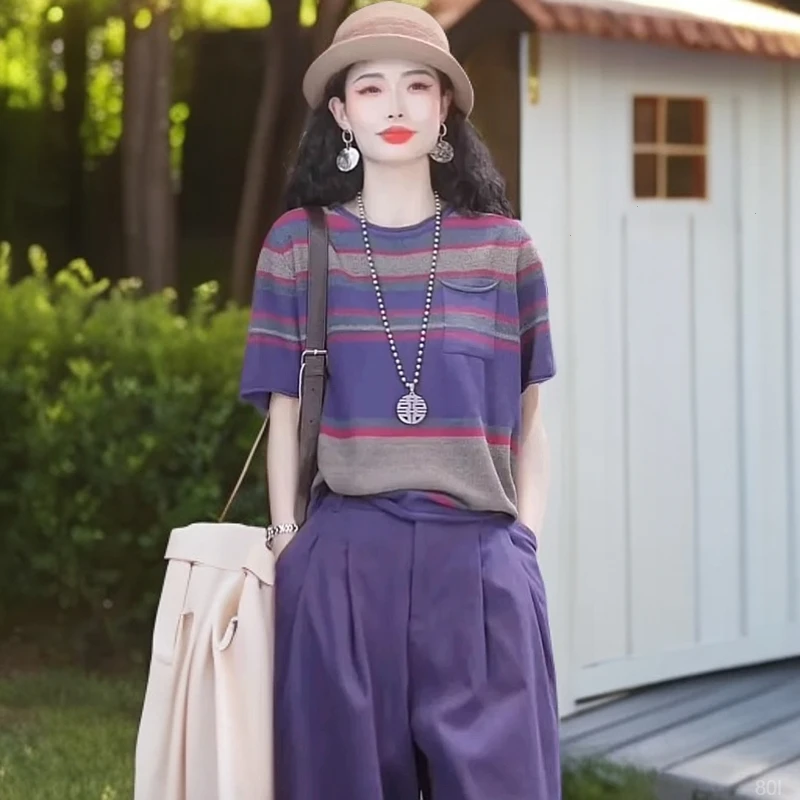 2025夏季慵懒风宽松百搭T恤条纹撞色高级感减龄chic针织衫上衣女