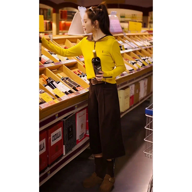 韩版高级感撞色翻领长袖上衣显瘦气质百搭高腰七分休闲裤两件套装