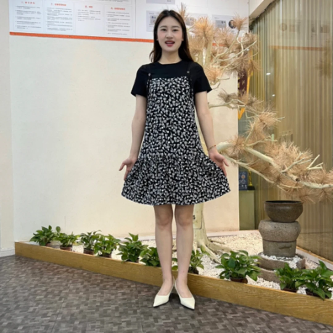 夏季洋气碎花假两件连衣裙妈妈装背带短袖中长款裙子