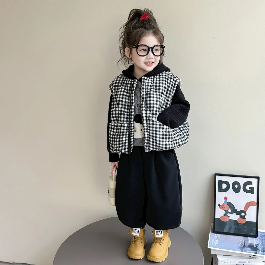 女童套装秋冬装2025新款中小童加绒加厚洋气小女孩夹棉马甲三件套