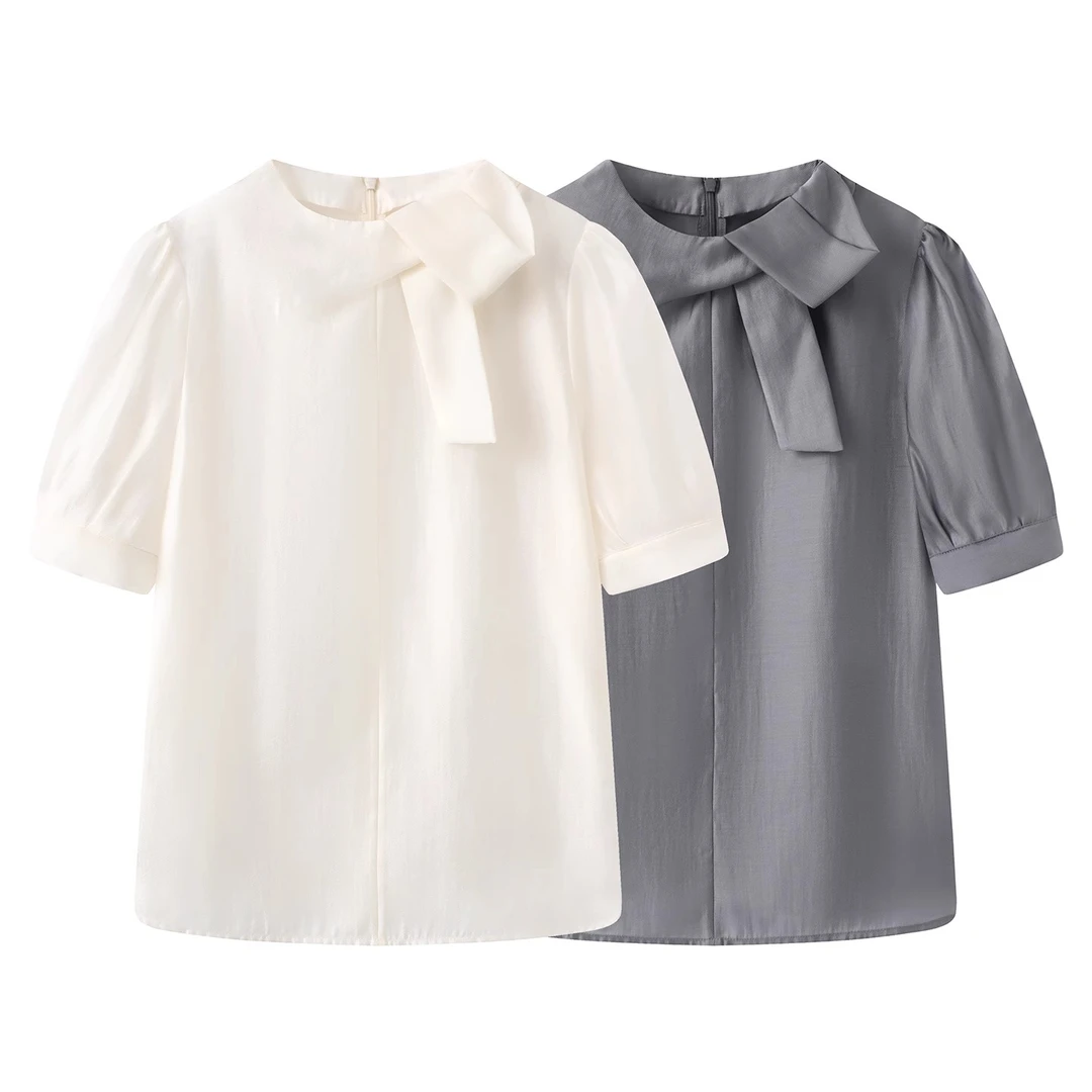 6671迪家2025夏季新款气质蝴蝶结系带老钱风松弛感女装衬衫上衣女