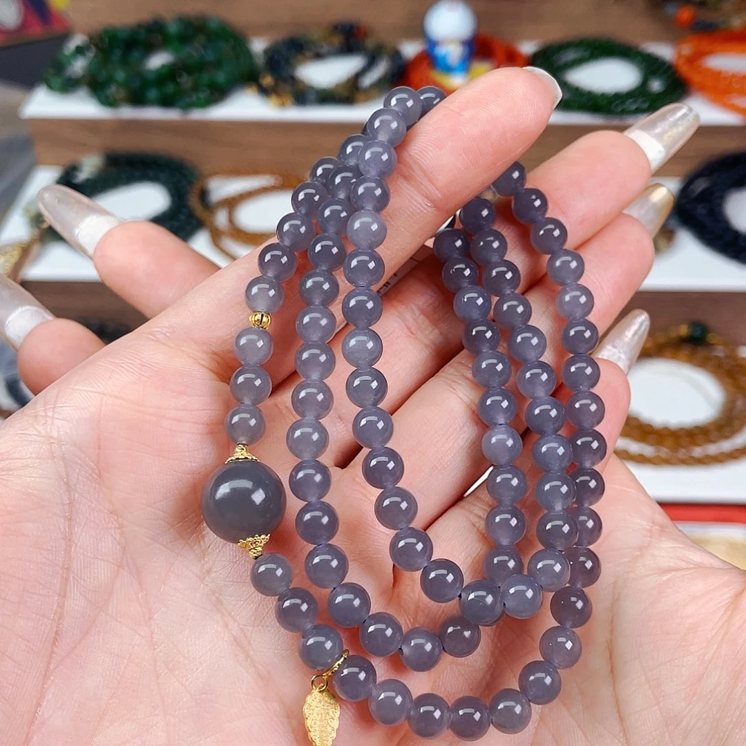 和田玉6mm烟紫设计款三圈未镶嵌