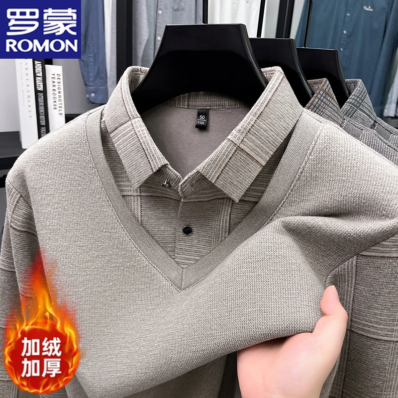 罗蒙秋冬男含绵羊毛加绒衬衫领假两件卫衣中年时尚T恤保暖打底衫