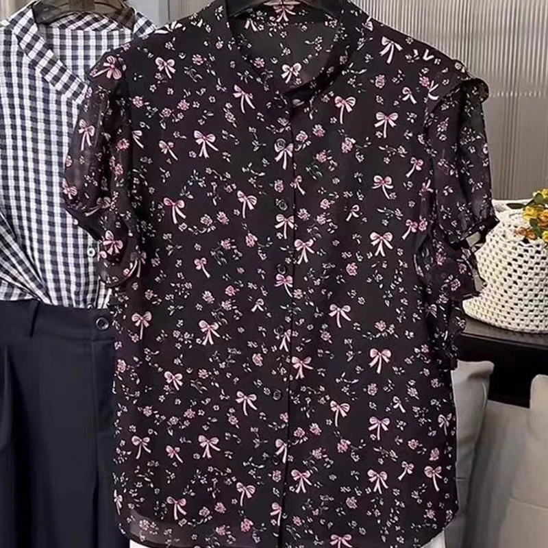 碎花设计感立领短袖衬衫女夏季2025新款宽松时尚减龄印花上衣