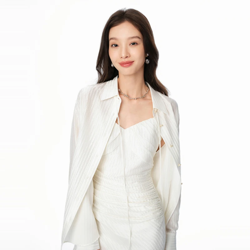 休闲肌理感桑蚕丝白衬衫长袖宽松简约DOUBLOVE贝爱春夏