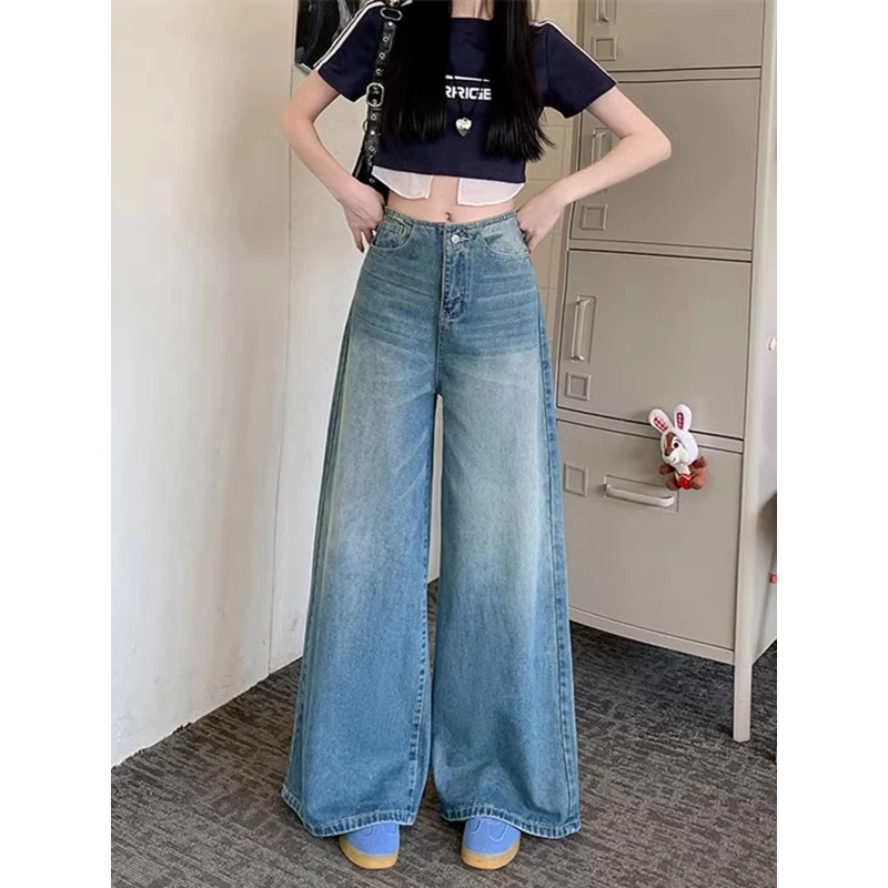韩版复古水洗设计感牛仔长裤女2025夏季新款百搭高腰阔腿显瘦裤子