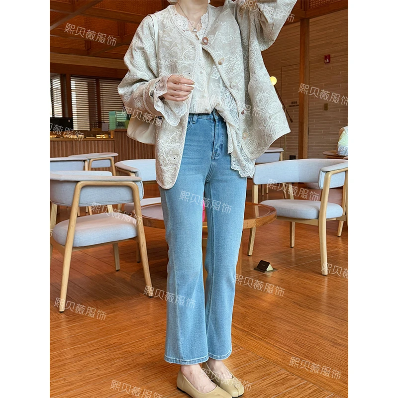 熙贝薇 2025春季新款九分百搭显瘦浅蓝色微喇牛仔裤女款爆款G7076