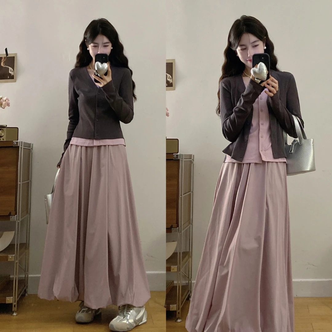 MO88ZSPF大码秋长袖韩系假两件显瘦上衣花苞裙遮肉半身裙套装