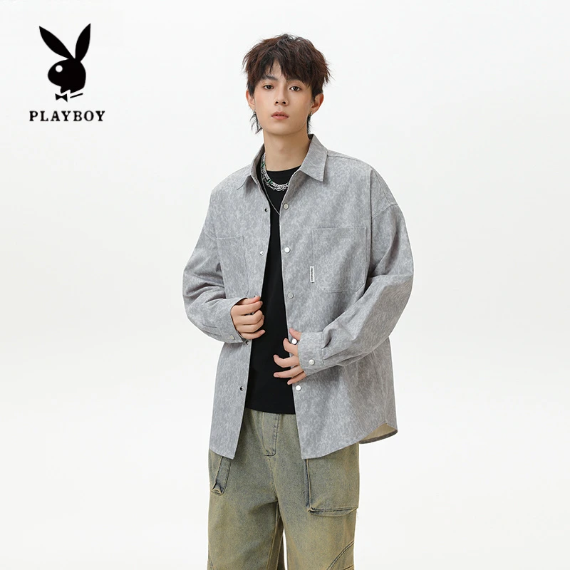 花花公子水洗做旧牛仔衬衫男秋季潮牌街头风宽松休闲长袖衬衣外套
