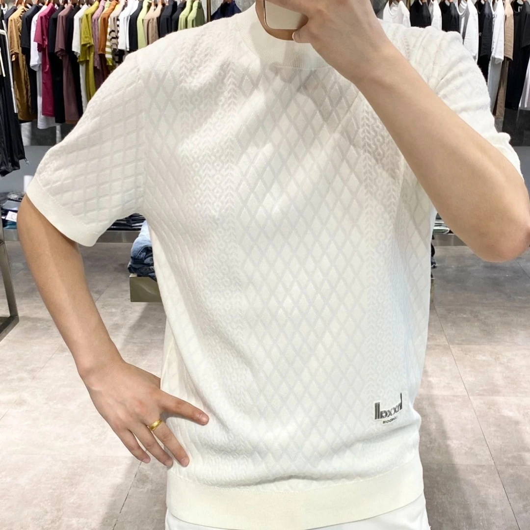 2025夏季新款轻奢简欧男士短袖针织衫时尚百搭圆领提花T恤打底潮