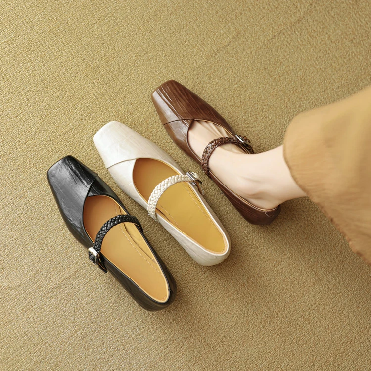 羊皮~2.5cm低跟玛丽珍鞋新中式编织一字扣带方头低跟软底真皮单鞋