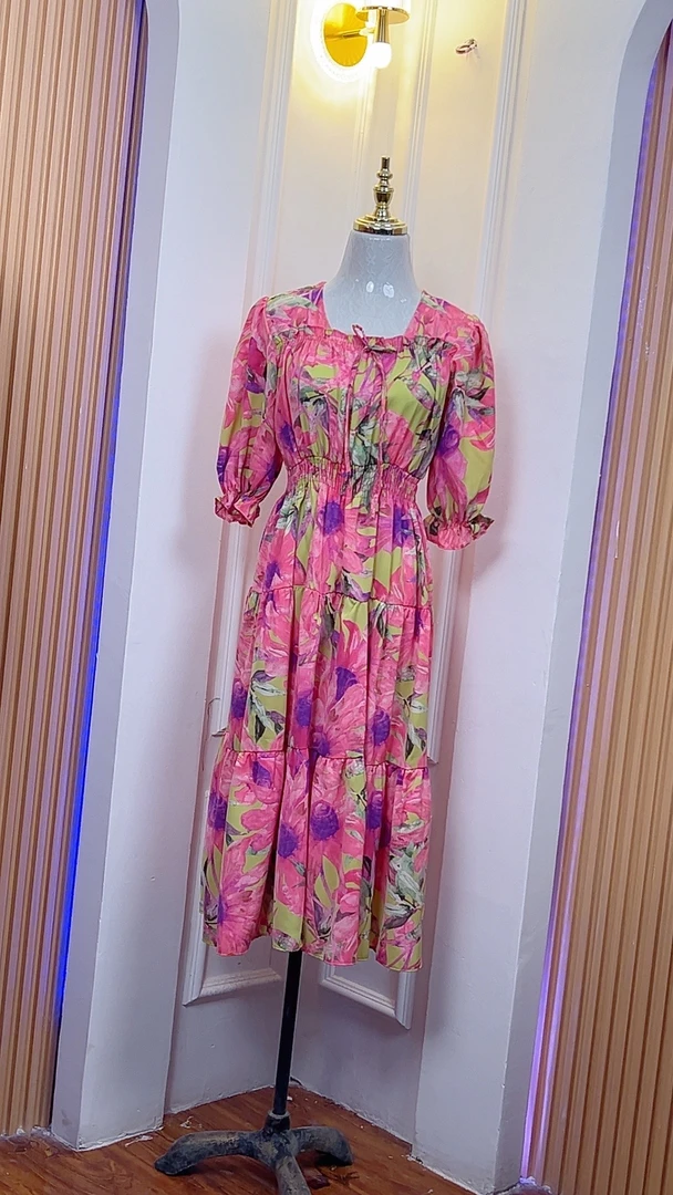 连衣裙灯笼袖复古长款套头气质扎染收腰女装不褪色长裙女士