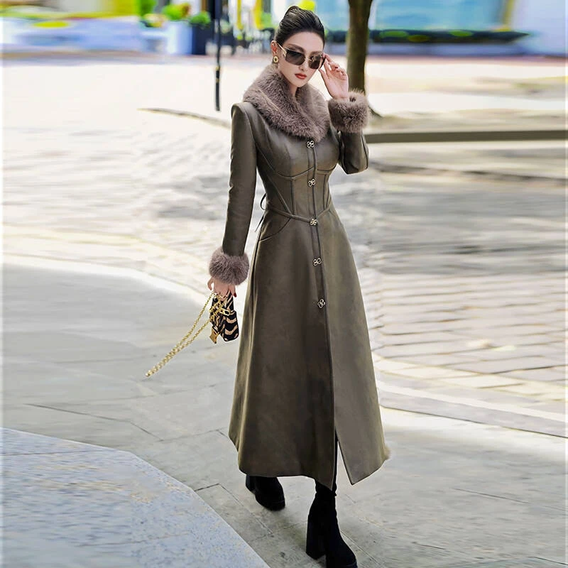 冬季女装英伦风复古仿皮显瘦中长款风衣棉服新款保暖棉大衣