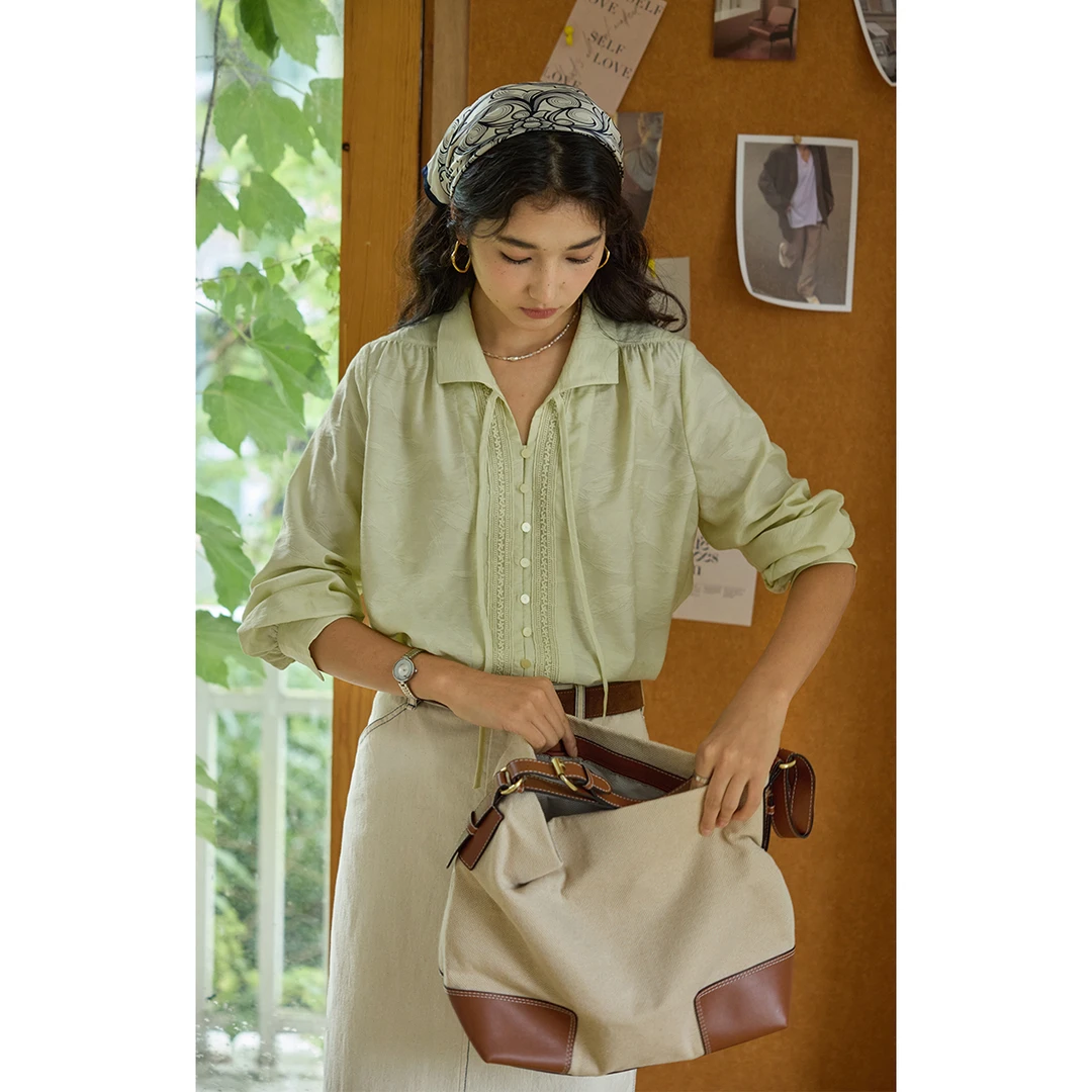 solighter 法式复古v领系带长袖衬衫女秋季5I0808C04X1