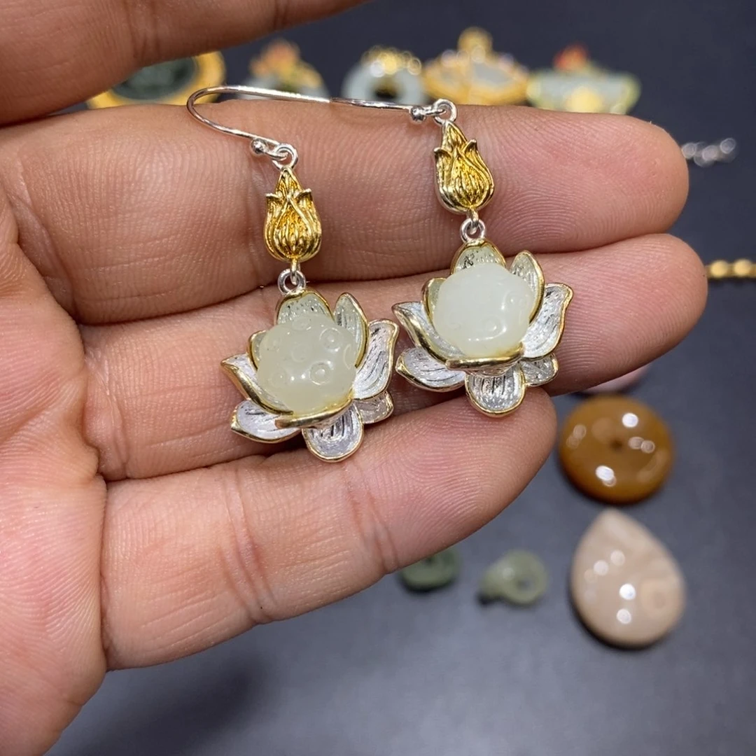 和田玉耳饰银S925镀金镶嵌