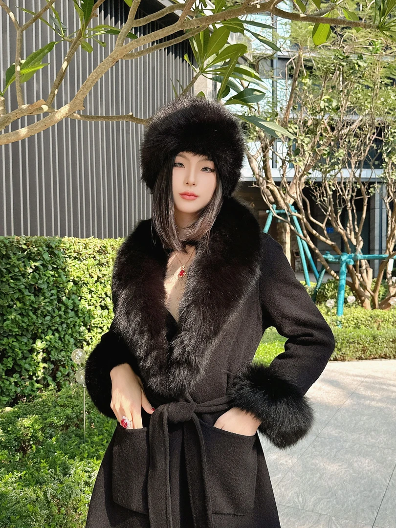 【赵总来了专属现货】黑色超大狐狸毛领双面羊毛大衣修身显瘦长款