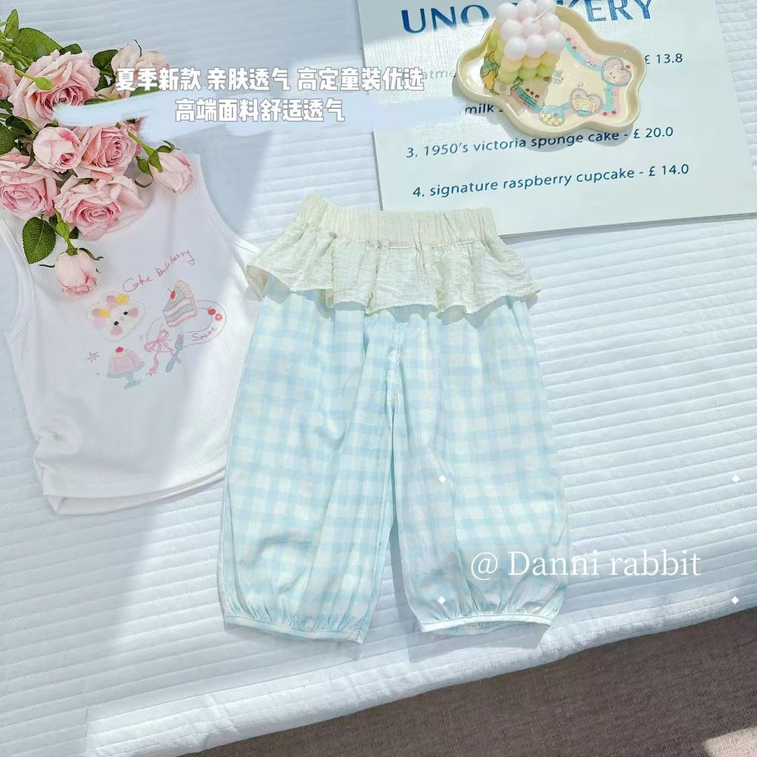 【Dannirabbit】*软软糯糯花边百搭*女童汉服格子七分裤*X-7228