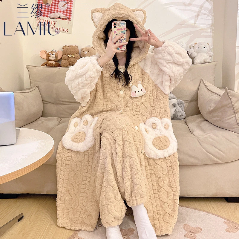秋冬2025新款珊瑚绒连帽睡袍女公主卡通大学生睡衣加厚加绒家居服