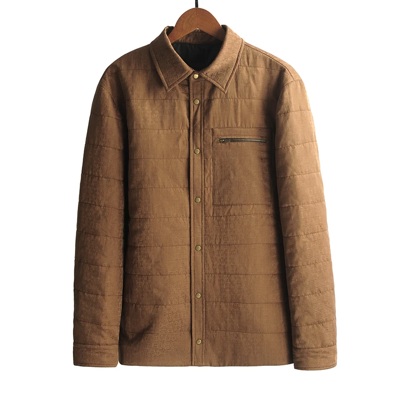 88028加棉外套 桑蚕丝提花缎香云纱男士长袖休闲夹克上衣单面