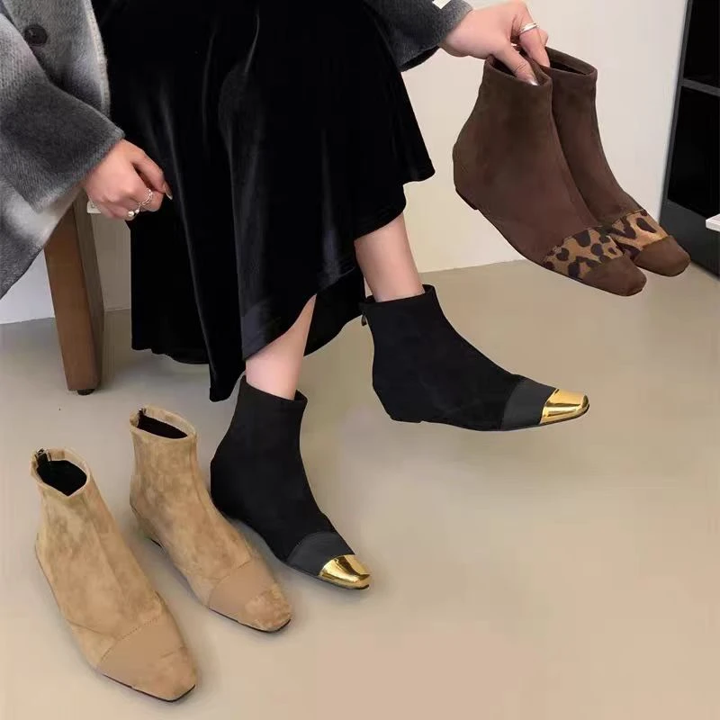 0288-8内增高加绒复古豹纹拼接时装靴冬季后拉链弹力瘦瘦马丁靴