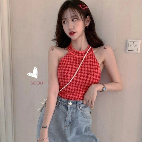 【工厂直销】小众法式挂脖背心修身内搭吊带上衣无袖内外穿设计感女