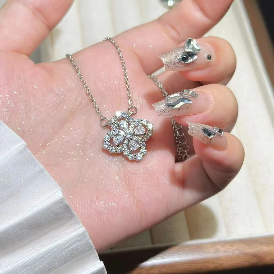 钛钢项链 铜微镶幸运草四叶草项链轻奢小众满钻锁骨链ins时尚项链