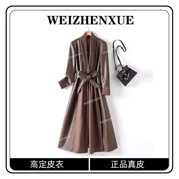 海宁真皮纯皮女中长款过膝皮风衣外套-111海宁皮衣女真皮