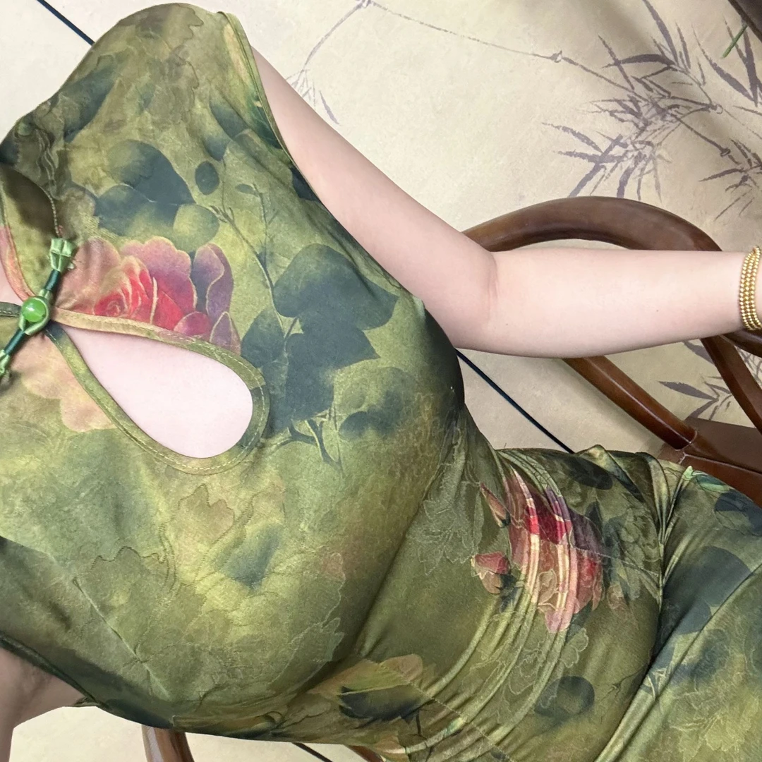 画报夫人原创自制高级提花缎面旗袍  平替红棉绿